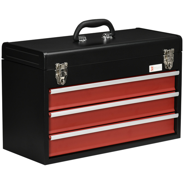 Bild 1 von DURHAND Werkzeugkasten, Werkzeugkoffer ohne Werkzeug, Werkzeugkiste mit Griff, Werkzeugbox mit 3 Schubladen, Schloss, Stahl, Schwarz+Rot, 51 x 22 x 32 cm
