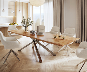 Esstisch Edge 300x100 Akazie Natur Kreuzgestell Rechteck Edelstahl Live-Edge