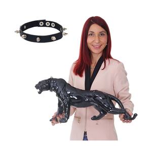 Deko Figur Panther 59cm, Polyresin Skulptur Leopard, In-/Outdoor ~ schwarz hochglanz mit Halsband