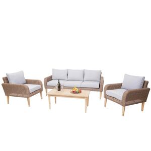 Garnitur MCW-H57, Garten-/Lounge-Set Sofa Sitzgruppe, rundes Poly-Rattan Alu + Akazie Spun Poly MVG ~ Kissen hellgrau