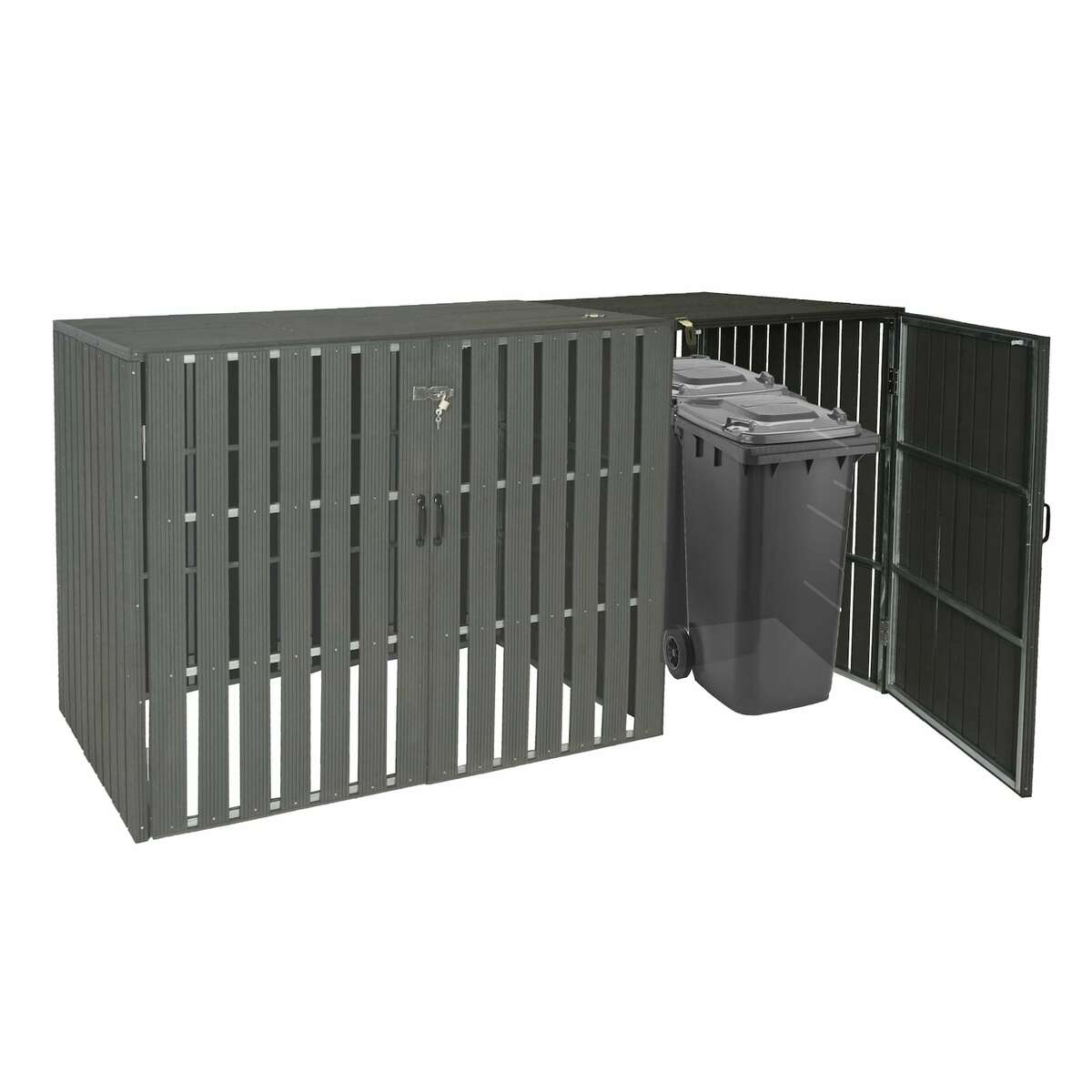 Bild 1 von XL 1er-/2er-WPC-Mülltonnenverkleidung Erweiterung MCW-J28, Mülltonnenbox, Metall Holzoptik ~ anthrazit