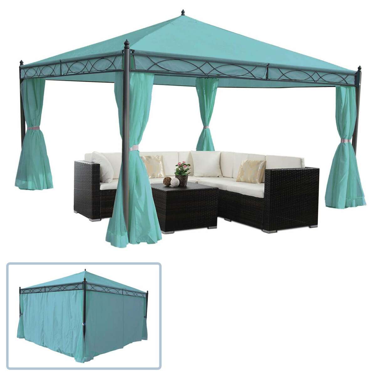 Bild 1 von Pergola Calpe, Garten Pavillon, stabiles 7cm-Gestell mit Seitenwand ~ türkis 4x4m