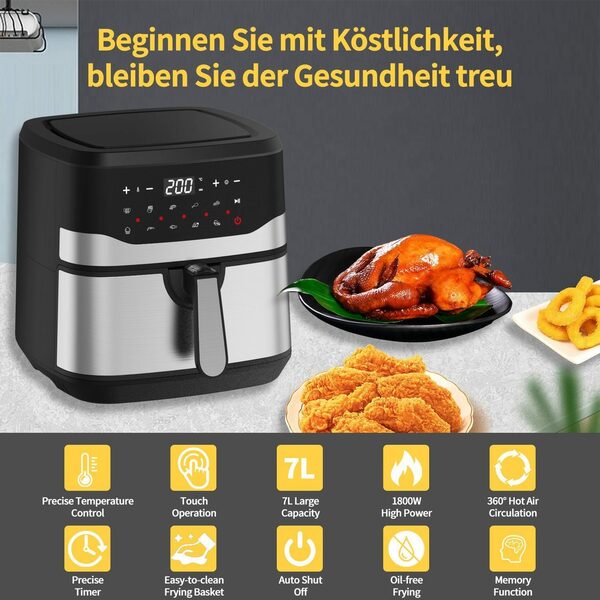 Bild 4 von EUARY Heißluftfritteuse 7L XXL Ohne Öl Air Fryer Heizluft Fritteuse LED-Touchscreen, 1800,00 W, Airfryer Einstellbare Zeit/Temperaturregelung für Luftbraten, Braten