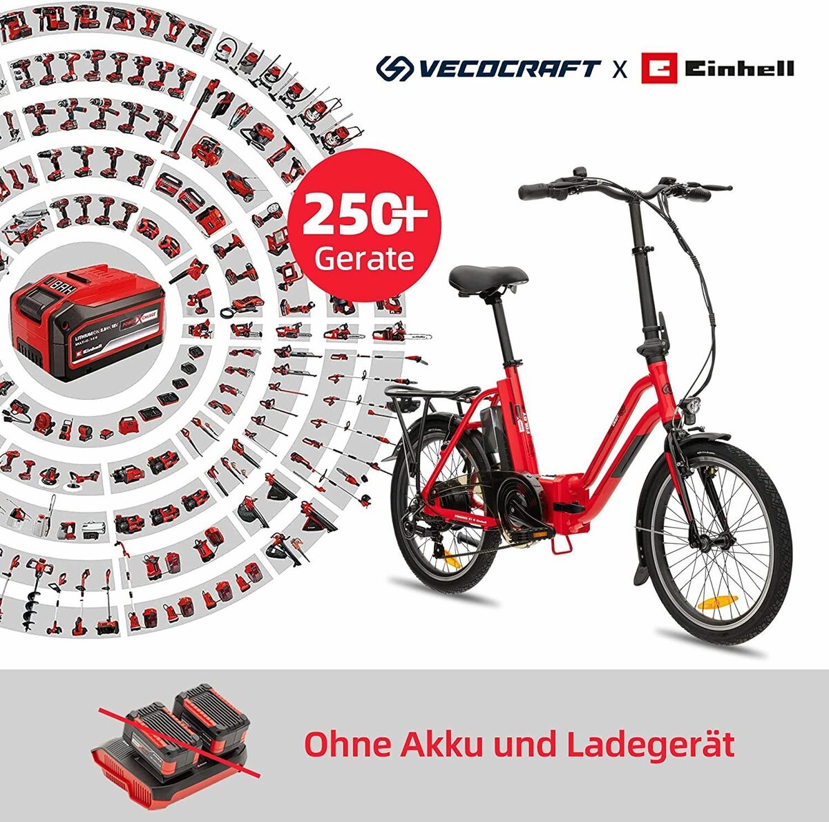 Bild 2 von VECOCRAFT E-Bike FOLDY-E kompatibel mit Einhell 18V 2x5.2Ah Akkus, 7 Gang Shimano, Kettenschaltung, Heckmotor