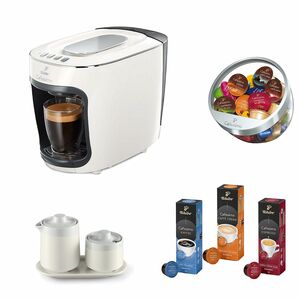 TCHIBO Cafissimo mini Kapselmaschine, inkl 30 Kaffeekapseln Milch- & Zucker-Set und Kapselkorb, 4tlg