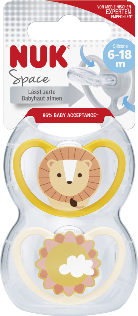Bild 1 von NUK Space Silikon-Schnuller, Löwe & Sonne, 6-18 Monate