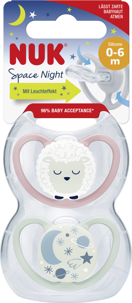 Bild 1 von NUK Space Night Silikon-Schnuller, rosa & mint, 0-6 Monate