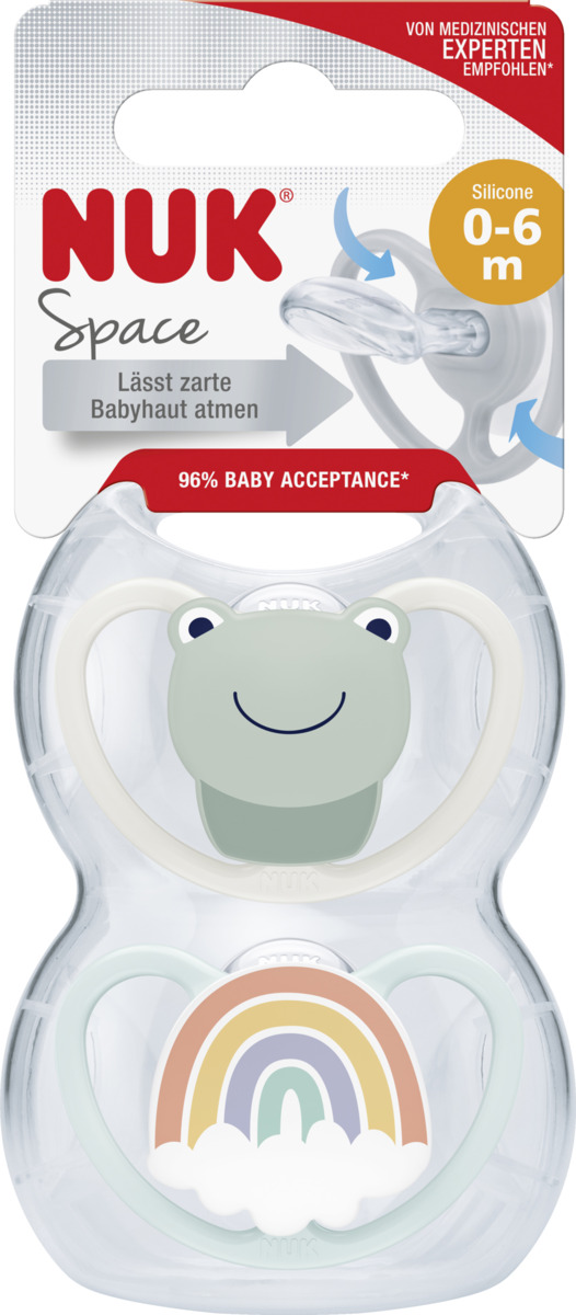 Bild 1 von NUK Space Silikon-Schnuller, Frosch & Regenbogen, 0-6 Monate