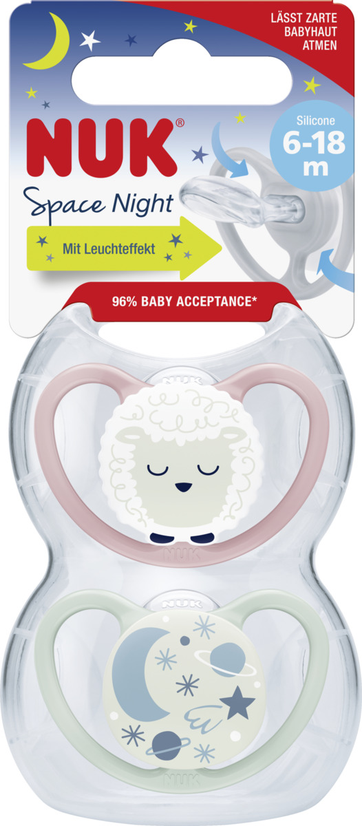 Bild 1 von NUK Space Night Silikon-Schnuller, rosa & mint, 6-18 Monate
