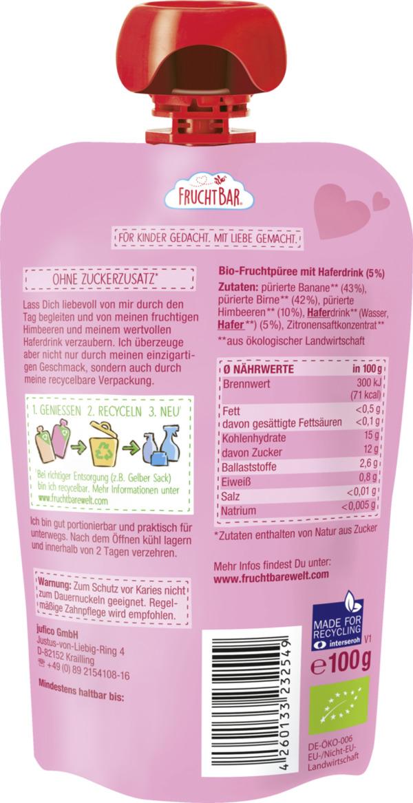 Bild 2 von FruchtBar Bio-Fruchtpüree Himbeere, Banane, Birne mit Haferdrink