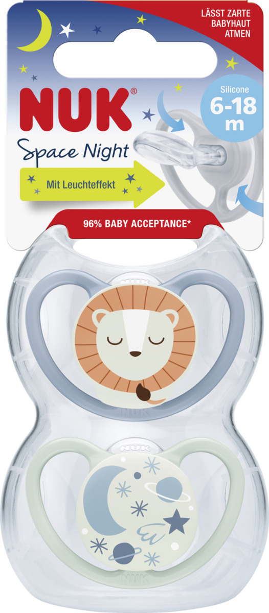 Bild 1 von NUK Space Night Silikon-Schnuller, blau & mint, 6-18 Monate