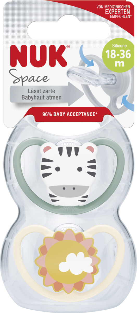 Bild 1 von NUK Space Silikon-Schnuller, Zebra & Sonne, 18-36 Monate