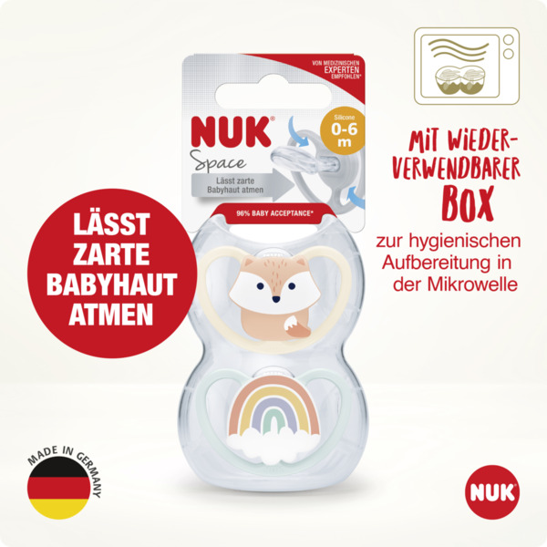 Bild 2 von NUK Space Silikon-Schnuller, Fuchs & Regenbogen, 0-6 Monate