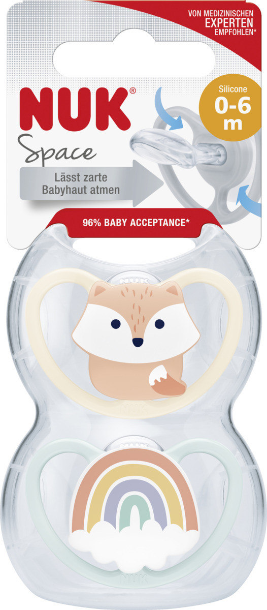 Bild 1 von NUK Space Silikon-Schnuller, Fuchs & Regenbogen, 0-6 Monate