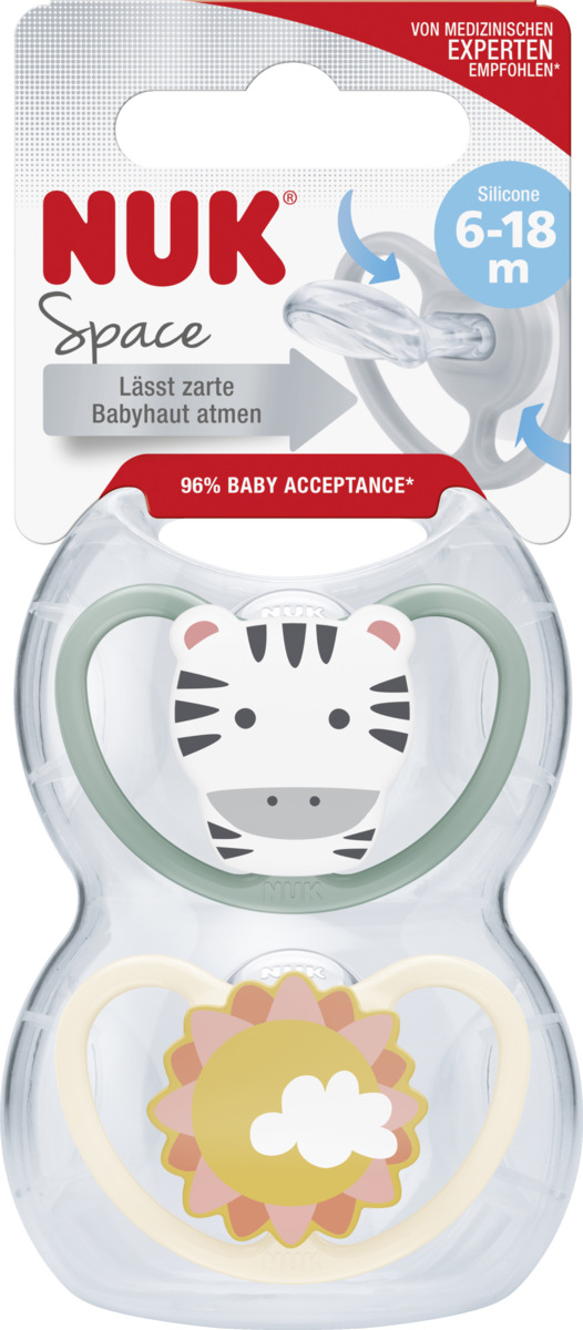 Bild 1 von NUK Space Silikon-Schnuller, Zebra & Sonne, 6-18 Monate
