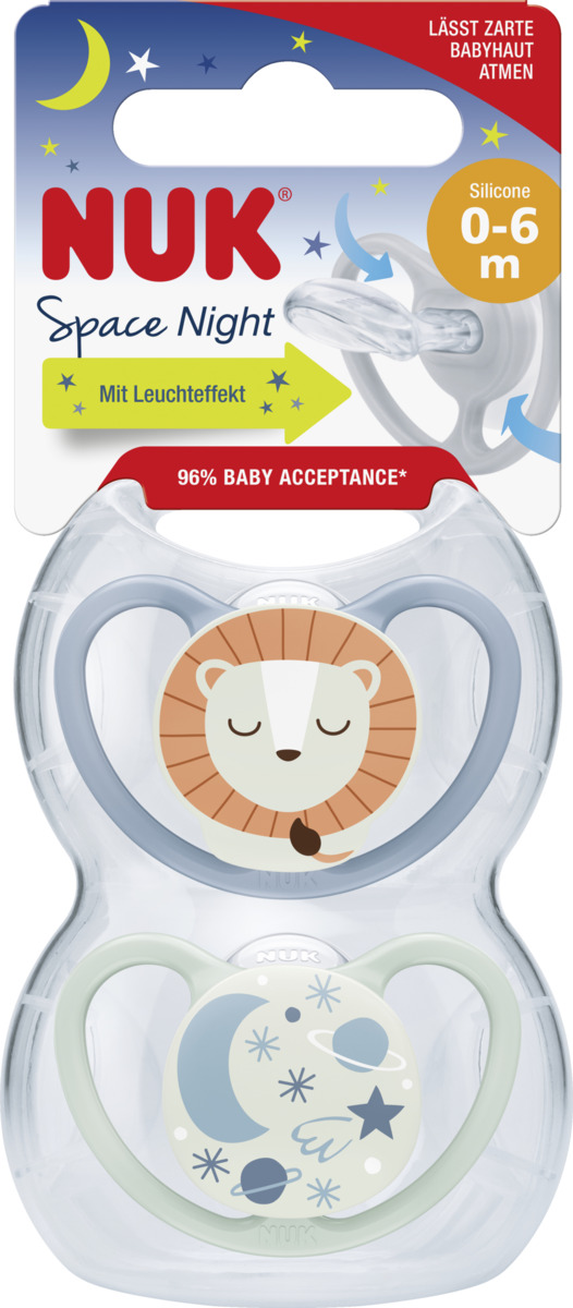 Bild 1 von NUK Space Night Silikon-Schnuller, blau & mint, 0-6 Monate