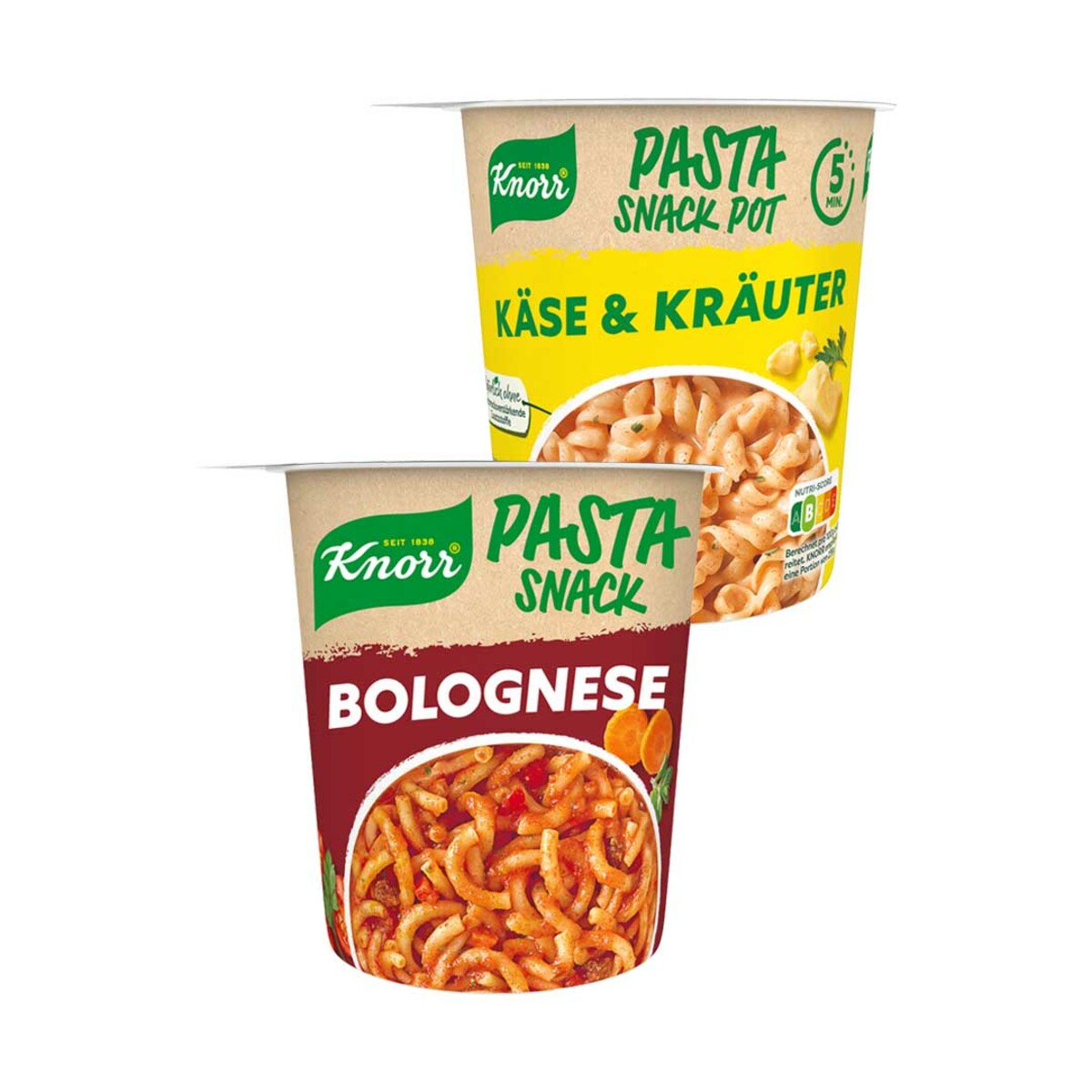 KNORR PASTA SNACK BOLOGNESE je 68 g Becher oder KÄSE KRÄUTER SAUCE und