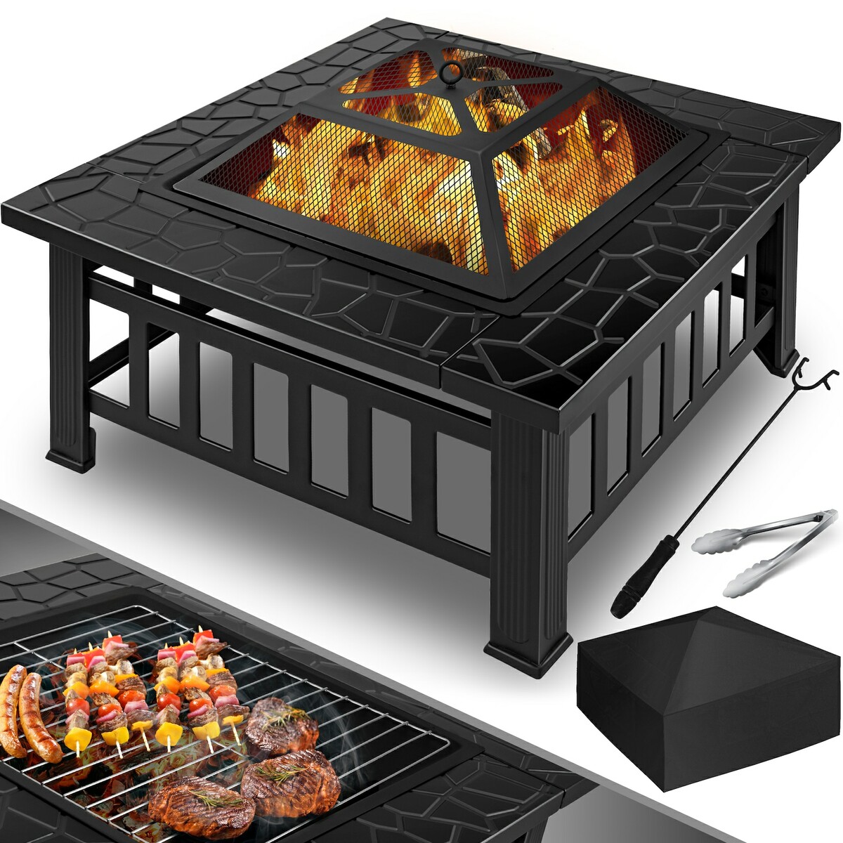 Bild 1 von KESSER® Feuerstelle mit Grillrost & Grillzange Feuerschale 82x82x50cm, 3in1 Multifunktional Fire Pit für Heizung/BBQ Grill, Garten Terrasse , Metall Feuerkorb mit Schutzhülle Schürhaken Funkensch