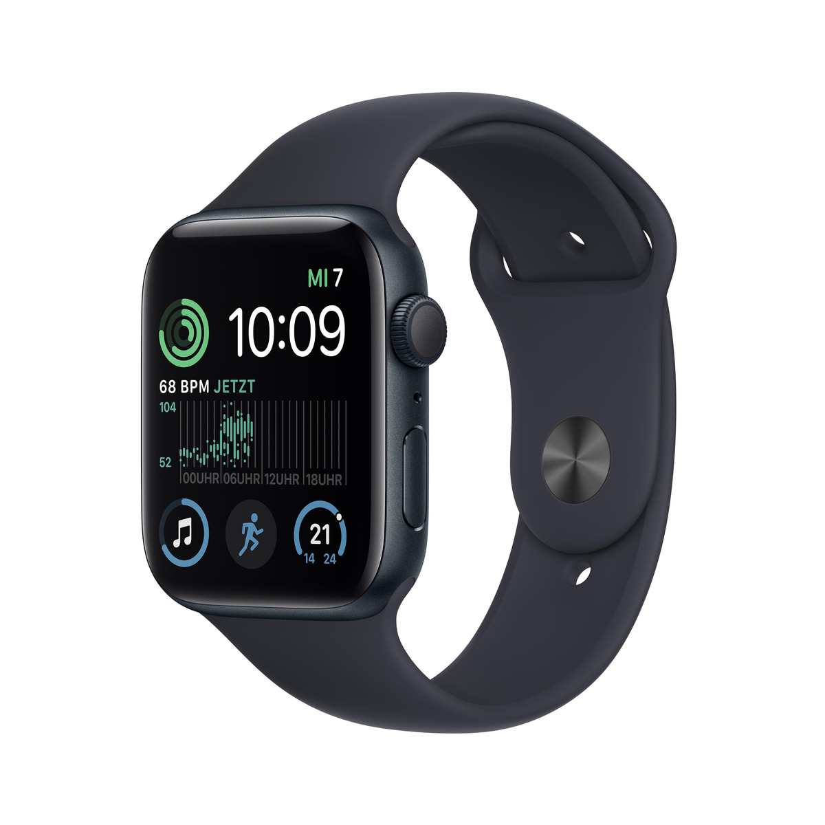 Bild 1 von APPLE Watch SE (2022), GPS, 44mm Smartwatch, Aluminiumgehäuse, Fluorelastomer, 140 - 220 mm, Mitternacht
