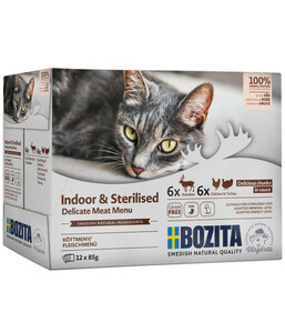 BOZITA Nassfutter für Katzen Multibox Fleisch Indoor & Sterilised Häppchen in Soße, 12 x 85 g