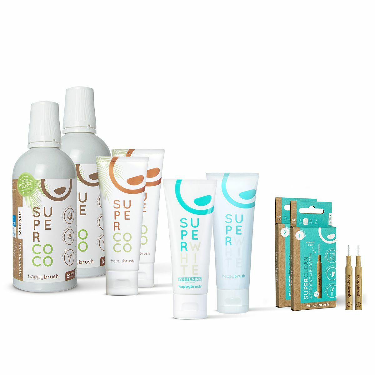 Bild 1 von HAPPYBRUSH® Super Sommer-Set 2x Mundspülung, 2x Interdentalbürsten & 4x Zahnpasta á 75ml