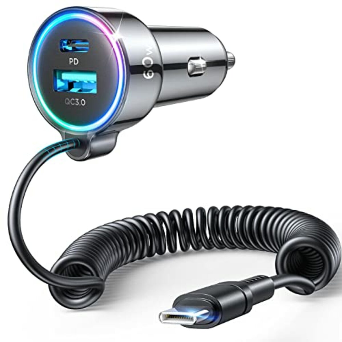 Bild 1 von Zigarettenanzünder USB C Adapter, 60W [DUAL CHIP] 3 Häfen PD3.0 & QC3.0 Schnell Kfz Ladegerät mit [Aufgeräumt Halten] 1.5M Spiral Kabel, Auto ladegerät für Samsung S23, S22, iPhone usw.