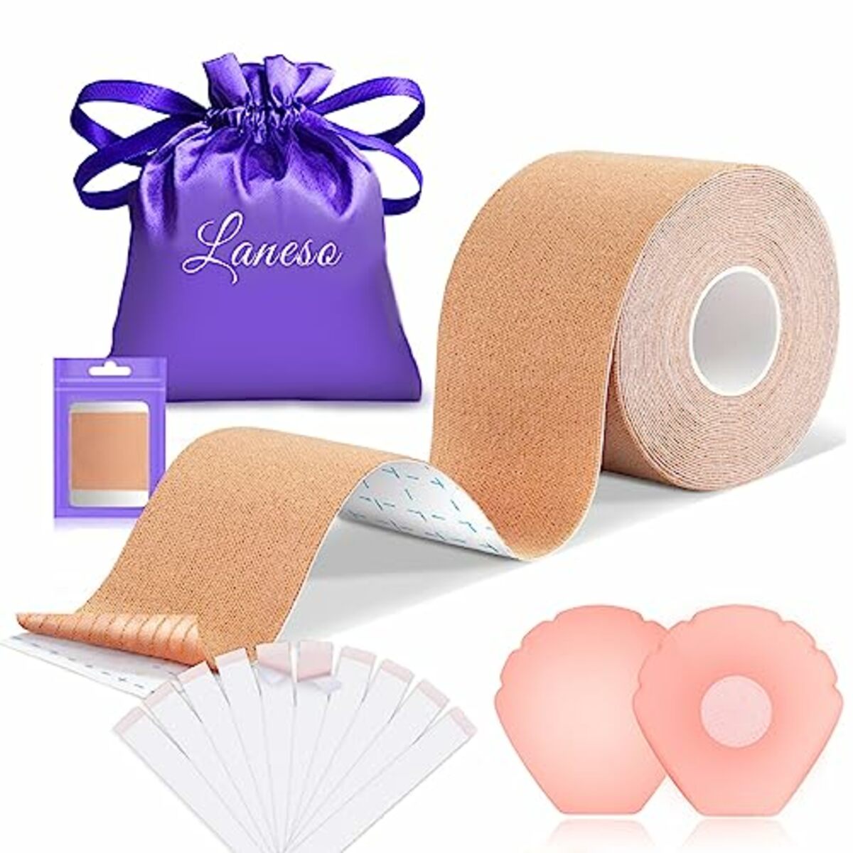 Bild 1 von Laneso Klebe Push Up Boobietape Rückenfrei Trägerloser BH, 10 Fashion Body Tape 2 Silikon Brüste Nippelpads Trägerlos für Körbchengrößen A-G Light Beige
