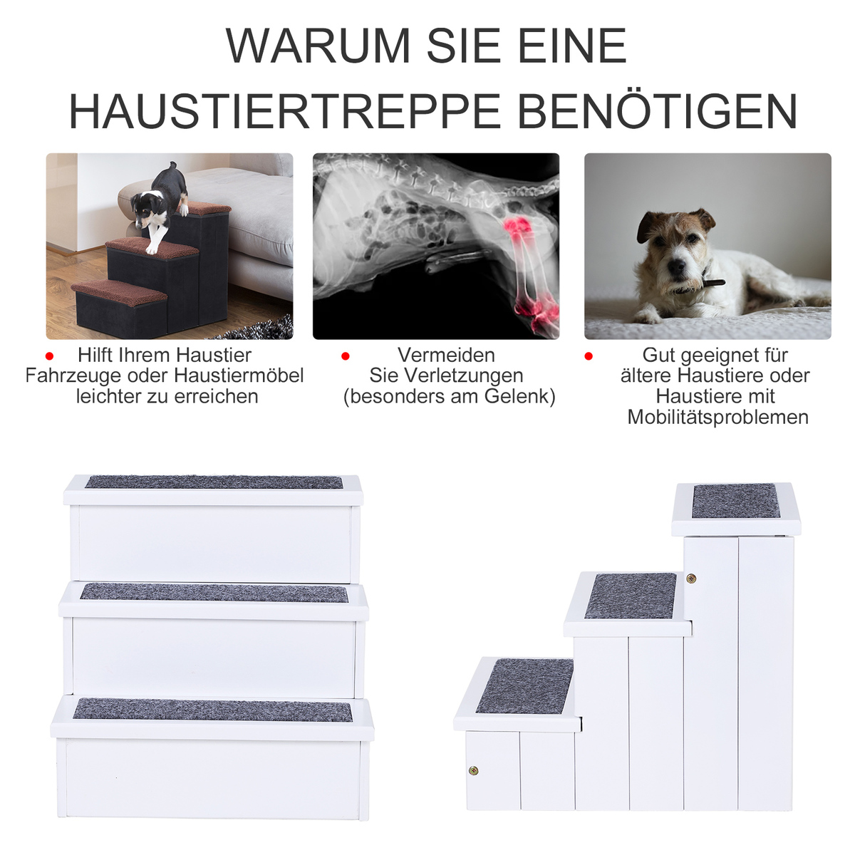 Bild 4 von PawHut Haustiertreppe Hundetreppe Einstiegshilfe mit Teppich Tannenholz Weiß