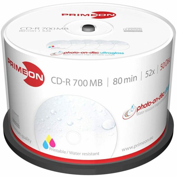 Bild 1 von PRIMEON CD-Rohling CD-R 700MB 52x Photo-on-Disc ultragloss 50er, Bedruckbar, Hochglanz Oberfläche, Wasserfest, Wischfest