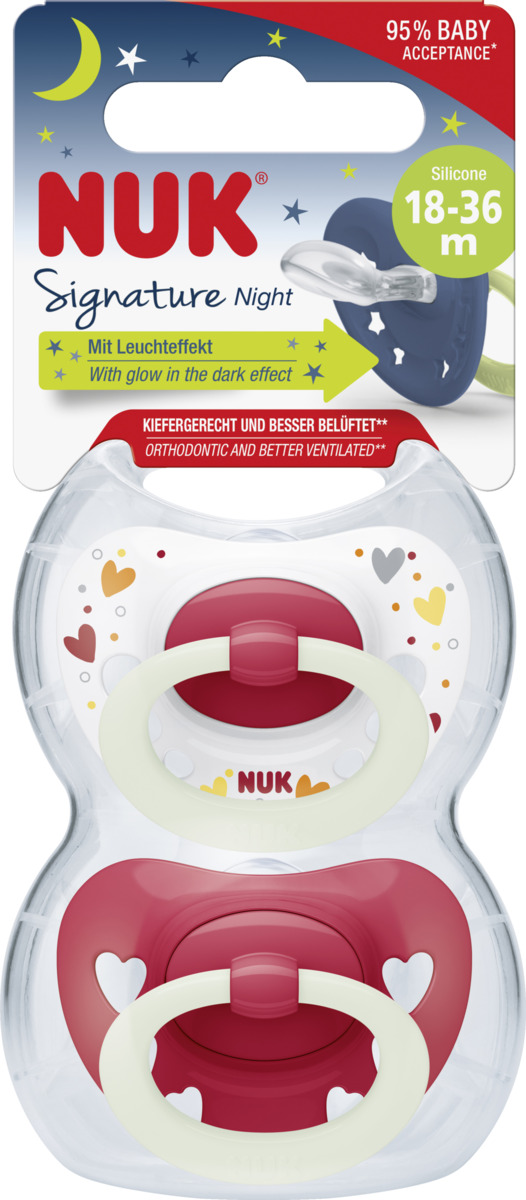 Bild 1 von NUK Signature Night Silikon-Schnuller, rot & weiß, 18-36 Monate