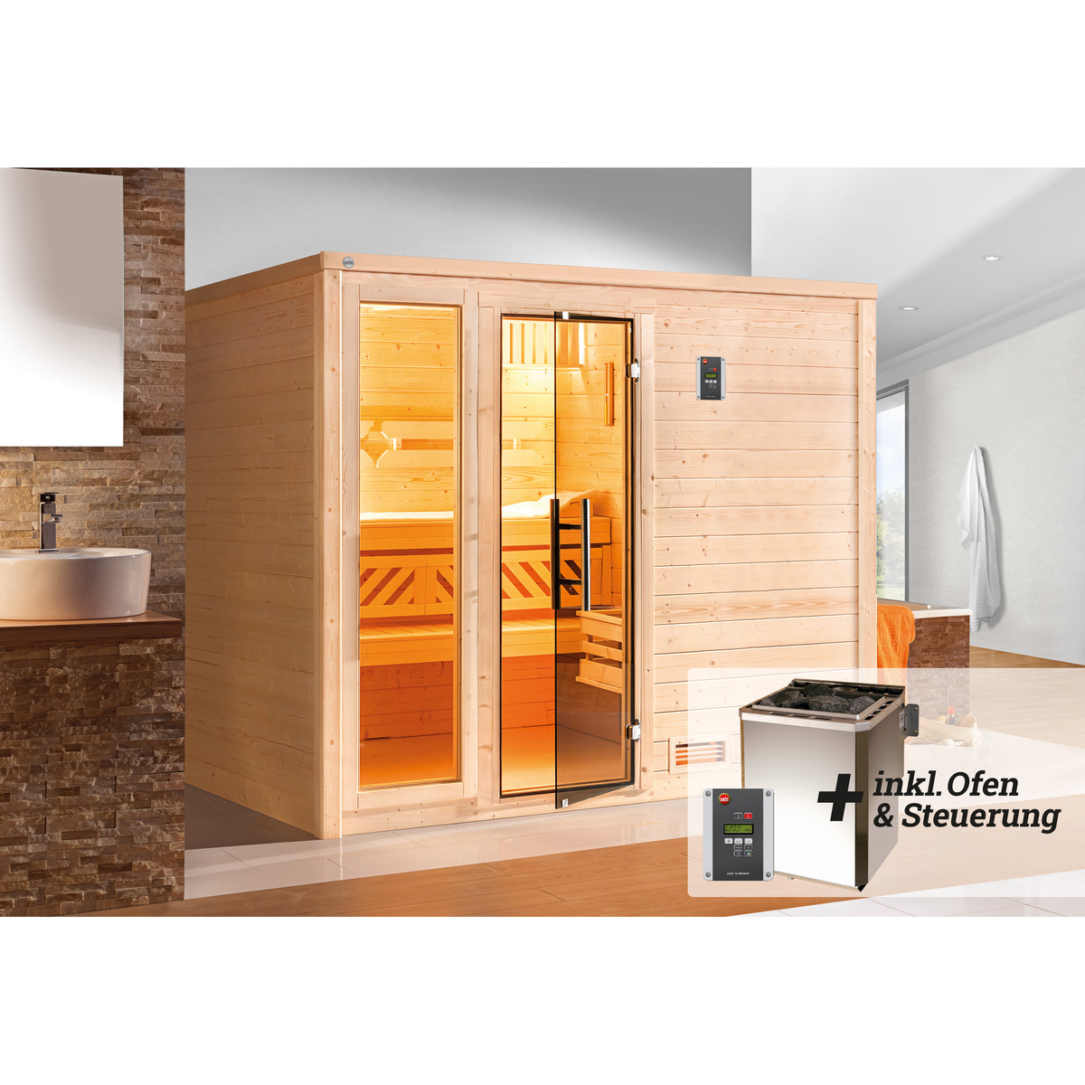 Bild 1 von Weka Premium-Massivholzsauna 'Bergen 3' mit 7,5 kW BioS-Ofenset, Steuerung, Glastür, Fenster 238 x 188 x 205 cm