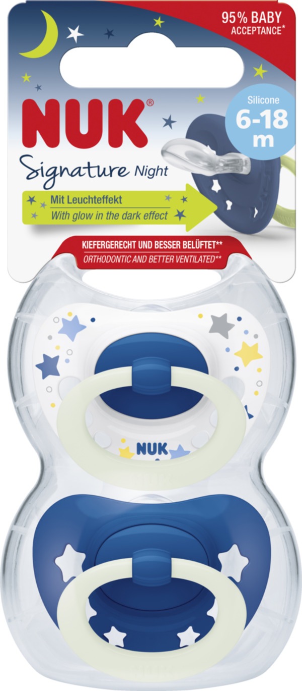 Bild 1 von NUK Signature Night Silikon-Schnuller, blau & weiß, 6-18 Monate