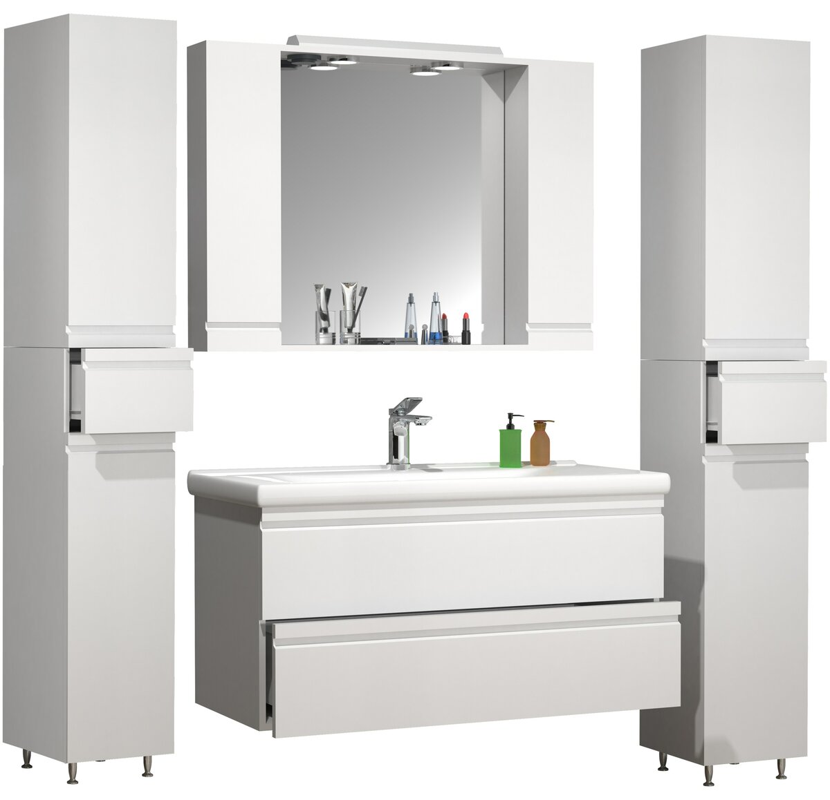 Bild 1 von VCM 5-tlg. Waschplatz Waschtisch 100 cm Badmöbel Set Waschbecken grifflose Schublade Spiegelschrank Hochschrank Silora XL