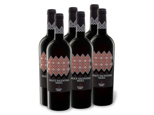 6 x Salentino Rotwein ansehen! trocken, 0,75-l-Flasche Maru von Riserva Salice Weinpaket Poggio DOP Lidl