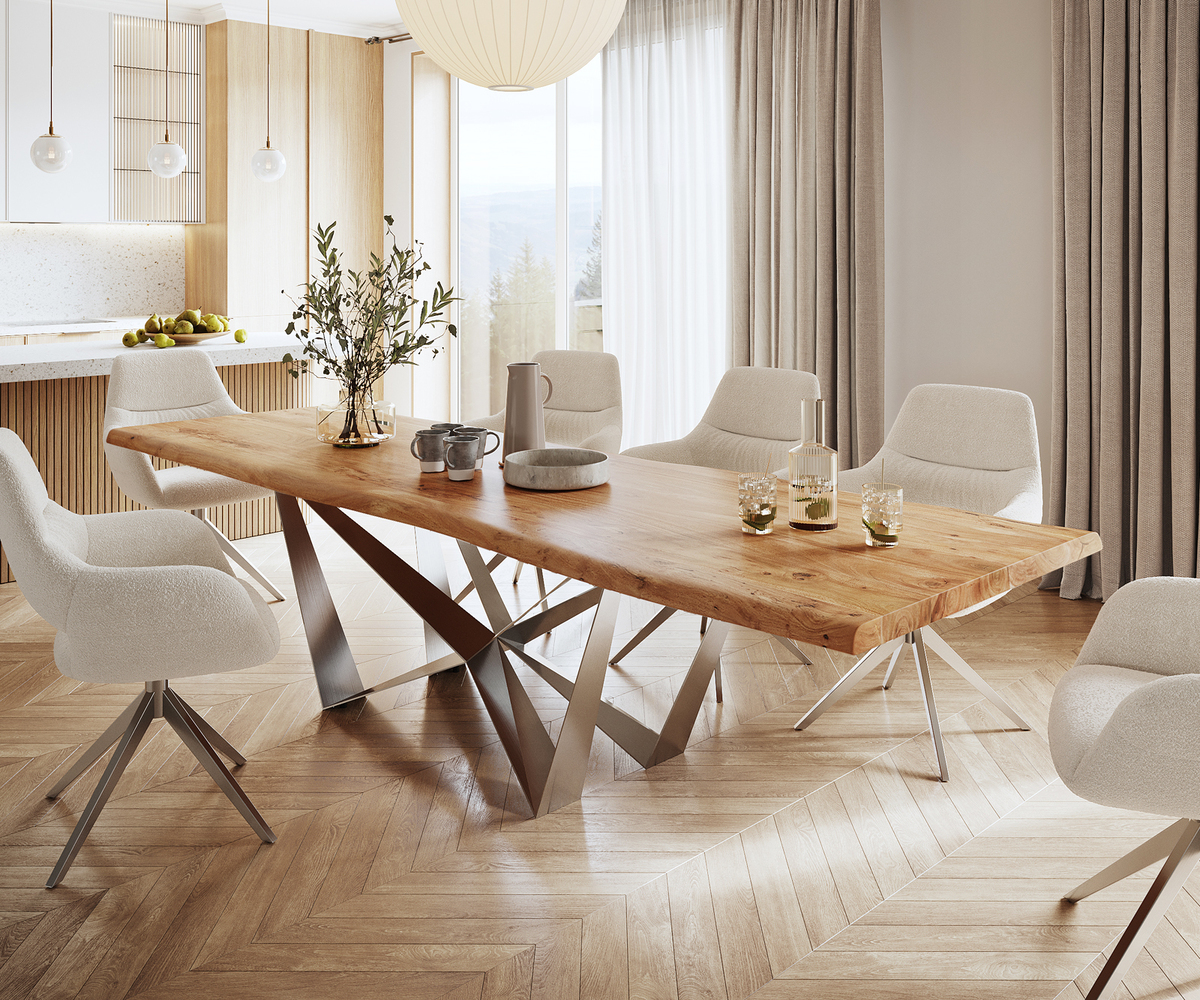 Bild 1 von Esstisch Edge 300x100 XL Akazie Natur Spider Flachstahl Edelstahl Live-Edge