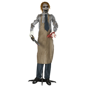 HOMCOM Halloween Dekoration 170cm Kettensägenmörder mit beweglichem Körper, Augenglühen, Garten Deko mit verstellbarem Arm für Indoor, Outdoor