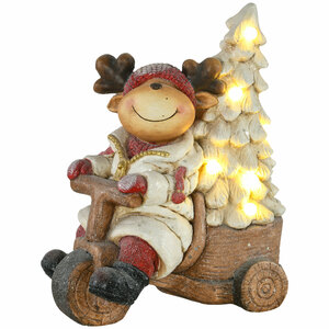 HOMCOM Weihnachtsdekoration, Rentier auf Dreirad mit Weihnachtsbaum, 44 cm Dekofigur zu Weihnachten, Weihnachtsfigur mit LED-Licht, für In- und Outdoor