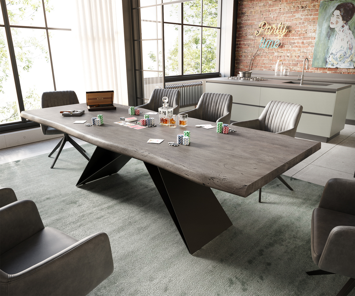 Bild 1 von Esstisch Edge 260x100 XL Akazie Platin V-Gestell Flachstahl Schwarz Live-Edge