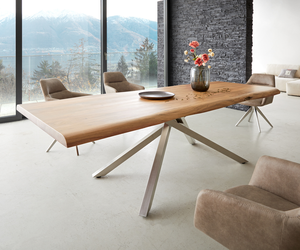 Bild 1 von Esstisch Edge 260x100 XL Akazie Natur Kreuzgestell Rechteck Edelstahl Live-Edge