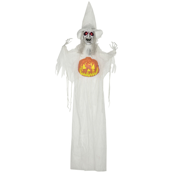 Bild 1 von HOMCOM 183cm Halloween Dekoration mit Kürbiskopf, Halloween-Geist mit LED-Lichter, Horror-Geräusche, biegbaren Arme, Halloween Skelett, Garten Dekofigur in Lebensgröße für Diele
