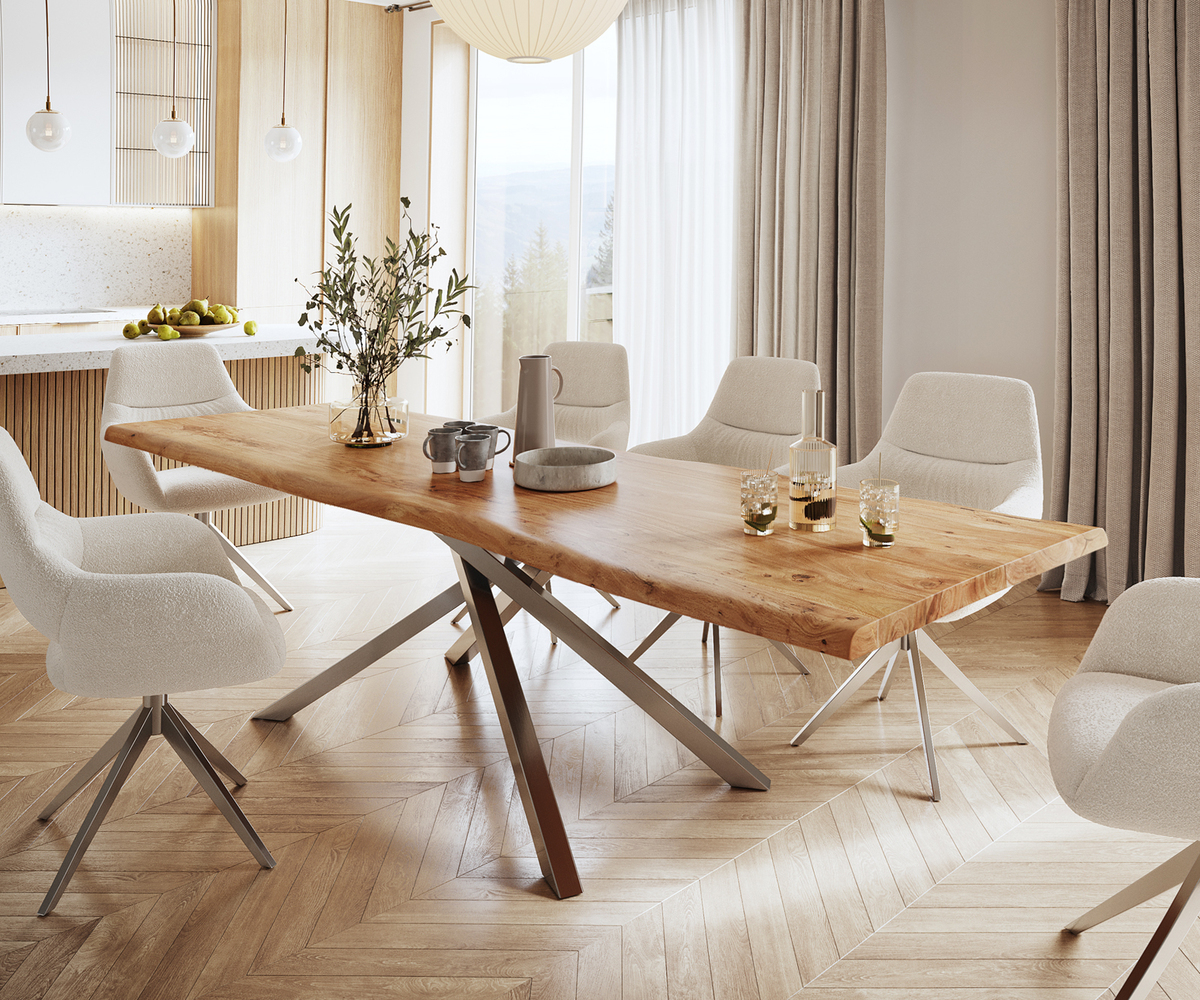Bild 1 von Esstisch Edge 280x100 XL Akazie Natur Kreuzgestell Rechteck Edelstahl Live-Edge
