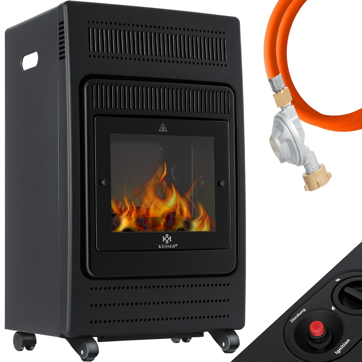 Bild 1 von KESSER® Gasheizer Gasheizofen Heizstrahler 3,4 kW Gas Kamin  inkl. Gasdruckregler & Gasschlauch 2 Heizstufen Infrarot  3400W Gasheizstrahler Gasheizung Butan- oder Propangasflaschen bis 11kg Schwarz