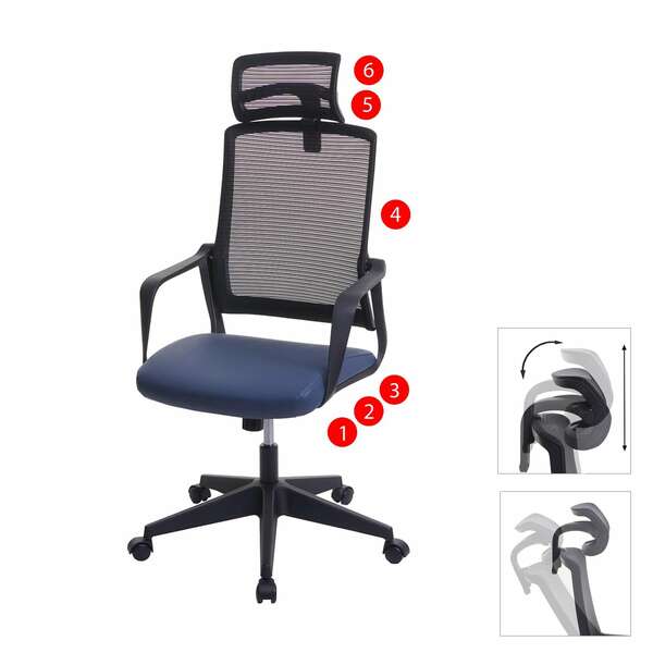 Bild 1 von Bürostuhl MCW-J52, Drehstuhl Schreibtischstuhl, ergonomisch Kopfstütze, Kunstleder ~ blau-grau