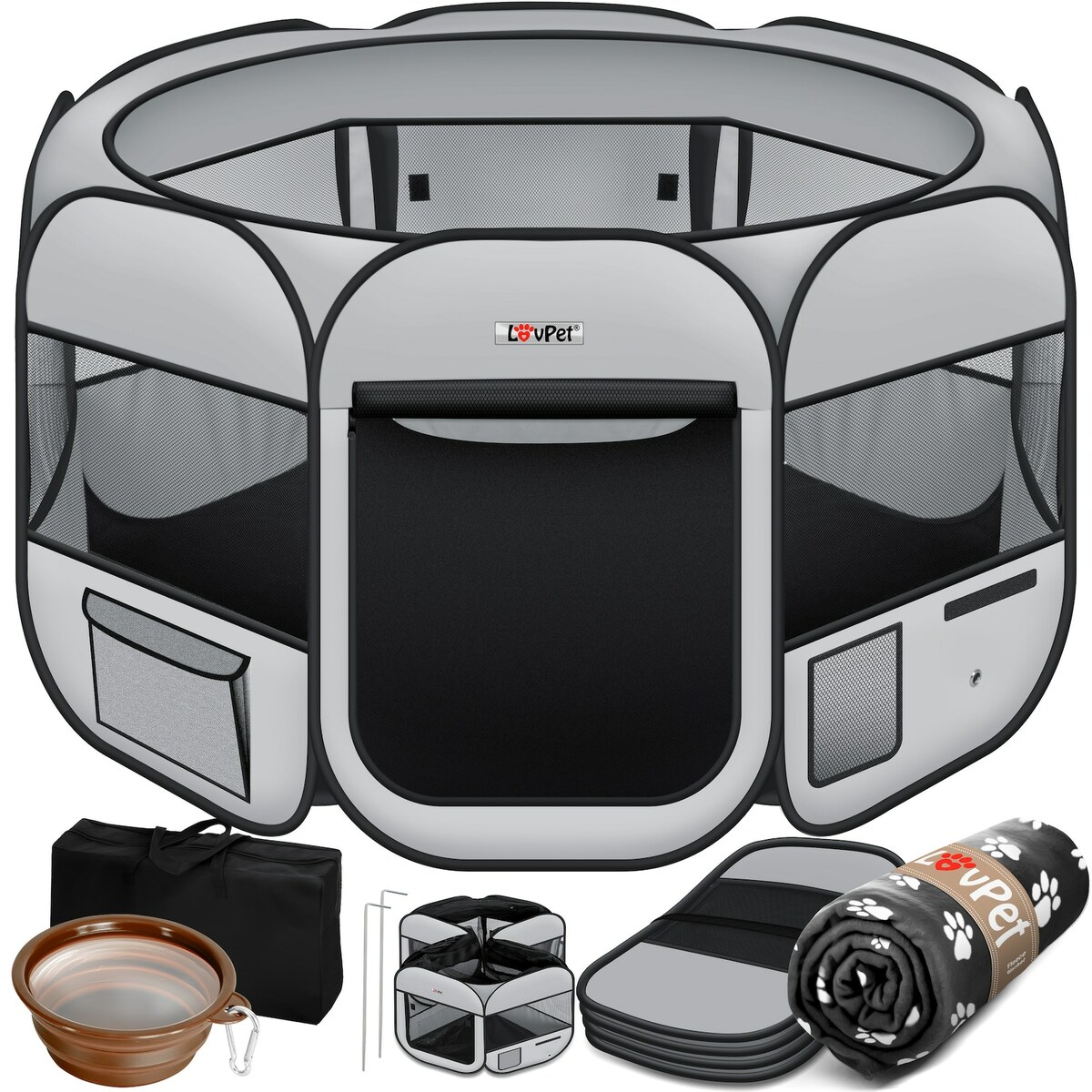 Bild 1 von LOVPET® Welpenlaufstall Tierlaufstall Faltbar für Kleintiere Hunde, Katzen Inkl. Hundenapf Hundelaufstall Freigehege Oxfordgewebe Pop-up System Indoor & Outdoor