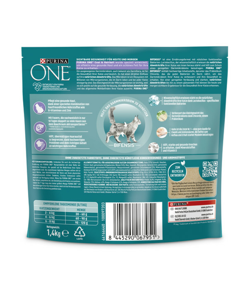 Bild 2 von PURINA ONE® Trockenfutter für Katzen Coat & Hairball, Adult, Huhn, 1,4 kg