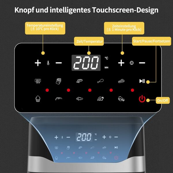 Bild 4 von EUARY Heißluftfritteuse 7L XXL Air Fryer Ohne Öl Fritteuse Heizluft LED-Touchscreen Edelstahl, 1800,00 W, Airfryer Einstellbare Zeit/Temperaturregelung für Luftbraten, Braten