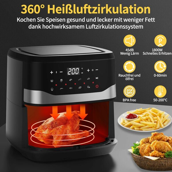 Bild 2 von EUARY Heißluftfritteuse 7L XXL Air Fryer Ohne Öl Fritteuse Heizluft LED-Touchscreen Edelstahl, 1800,00 W, Airfryer Einstellbare Zeit/Temperaturregelung für Luftbraten, Braten