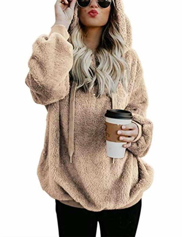 Bild 1 von iWoo Hoodie Damen Kapuzenpullover Teddy-Fleece Pullover Herbst Winter Warm Oberteil Langarm Einfarbig Casual Sweatshirt