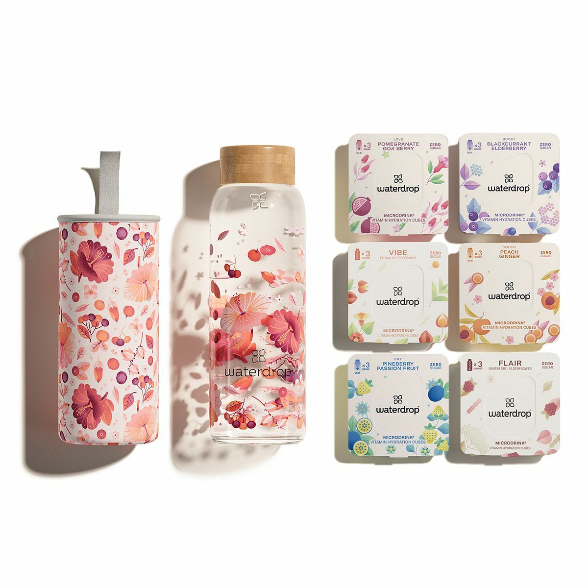 Bild 1 von WATERDROP Starter Set Glasflasche 400ml inkl. Schutzhülle und 18 Microdrinks