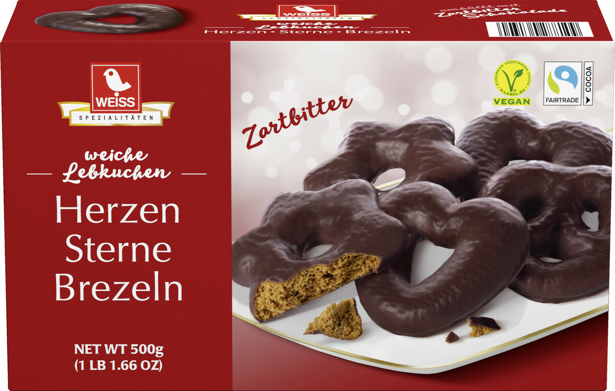 Bild 1 von Weiss Zarte Lebuchen Herzen, Sterne & Brezeln Zartbitter 500 g